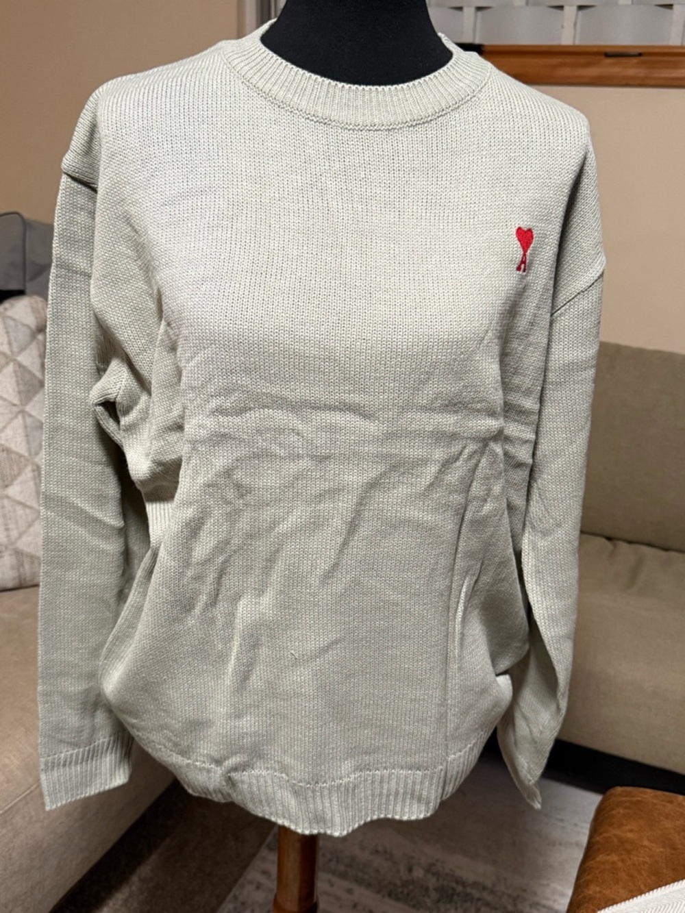 AMI Women's Crewneck Sweater in Light green with Red Heart Detail